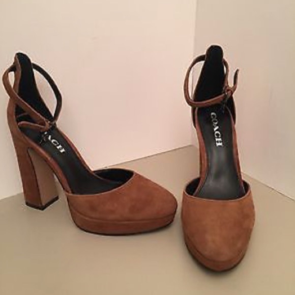 Coach Brown Suede Leather Platform Block Heels - Picture 5 of 8
